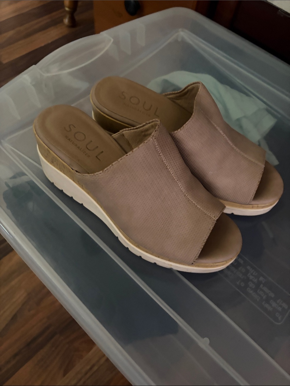 SOUL Naturalizer Taupe Open-Toe Wedge Mules